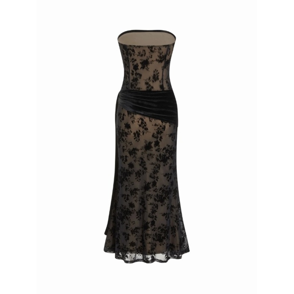 Cider Velvet Floral Lace Ruched Bandeau Maxi Mermaid Dress Gothic Fairy Grunge M - Picture 2 of 11